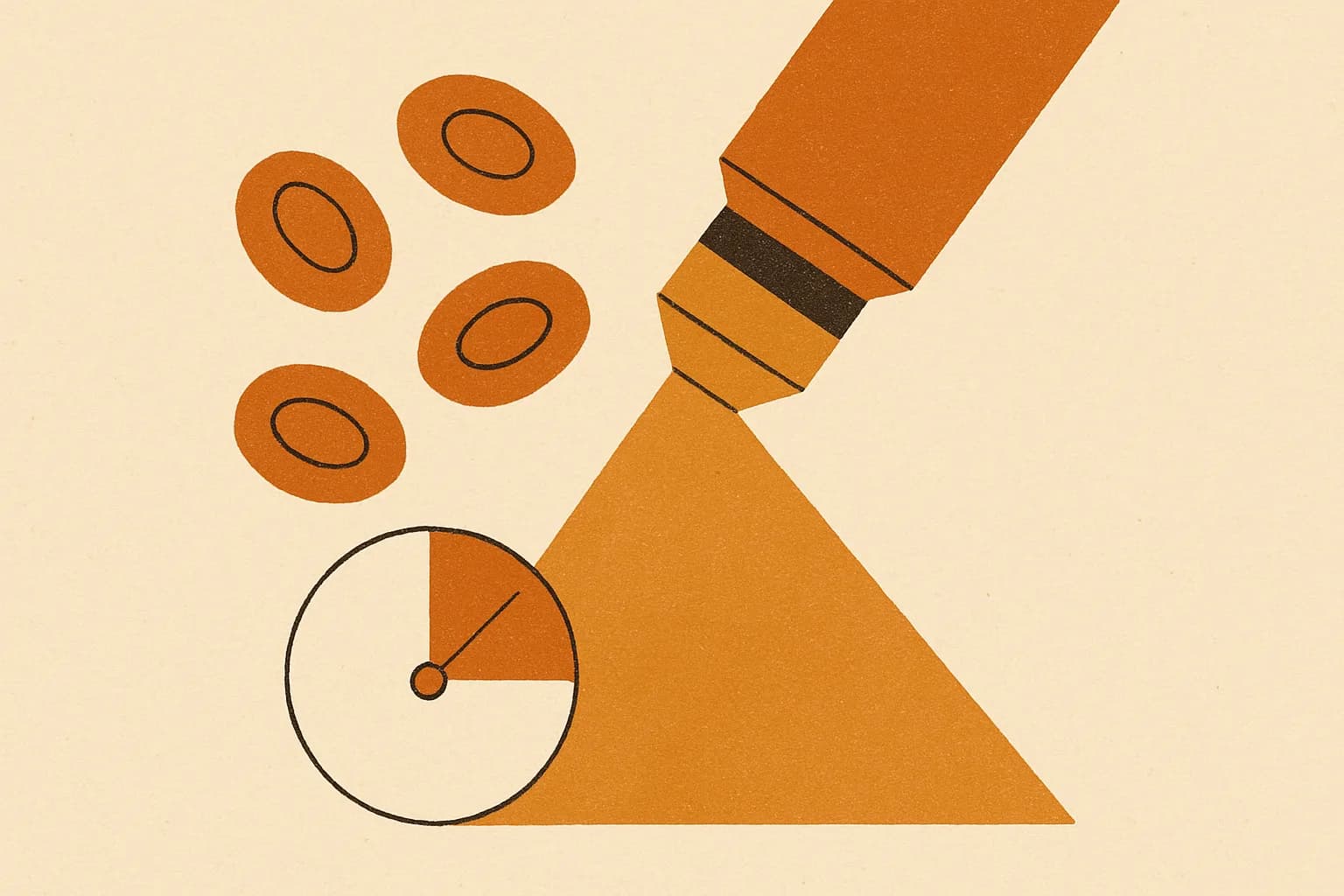 Minimalist geometric illustration of blood cells, a microscope lens and a percentage dial in warm amber tones