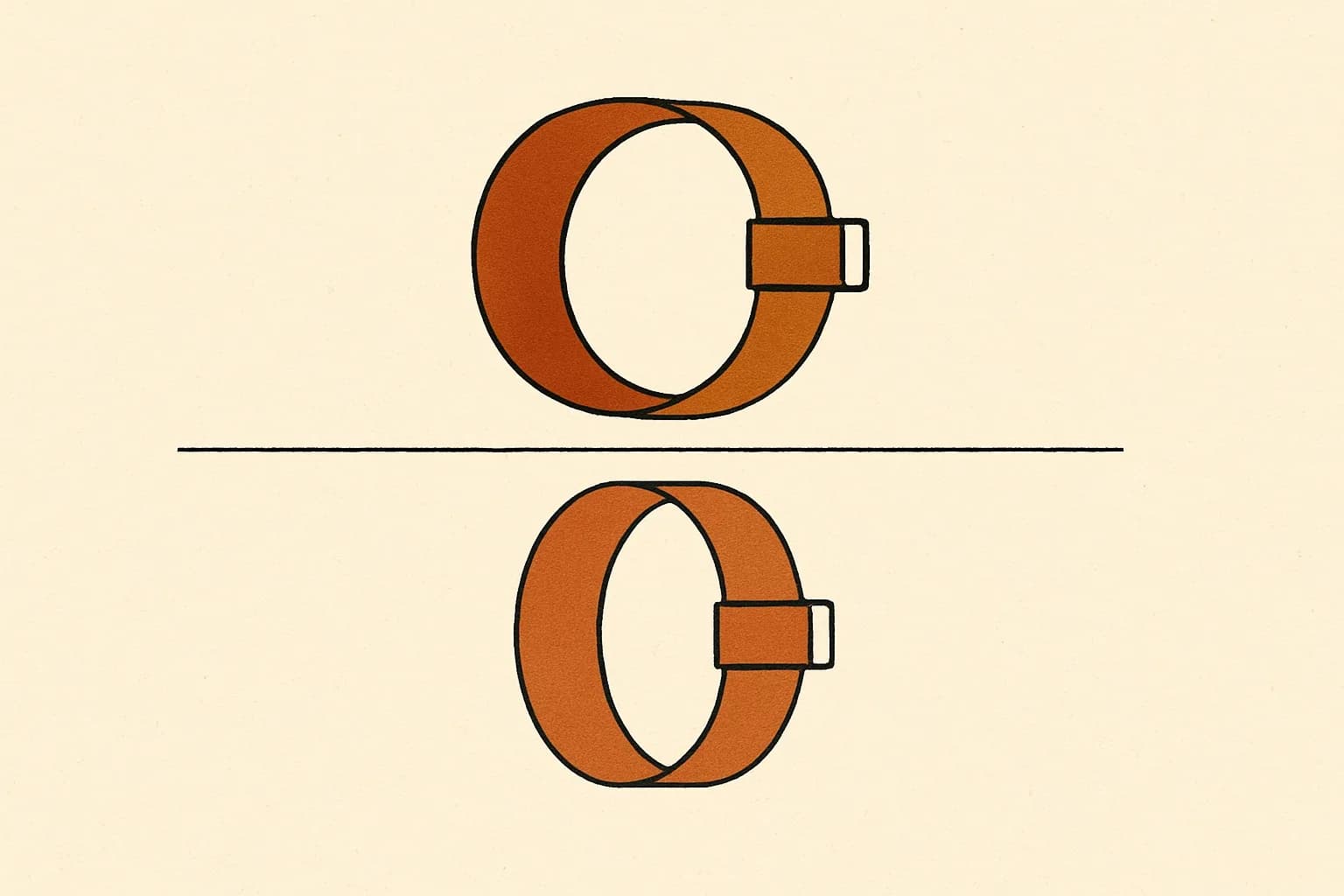 Minimalist geometric illustration of an arm cuff and an ankle cuff balanced across a division line in warm amber tones