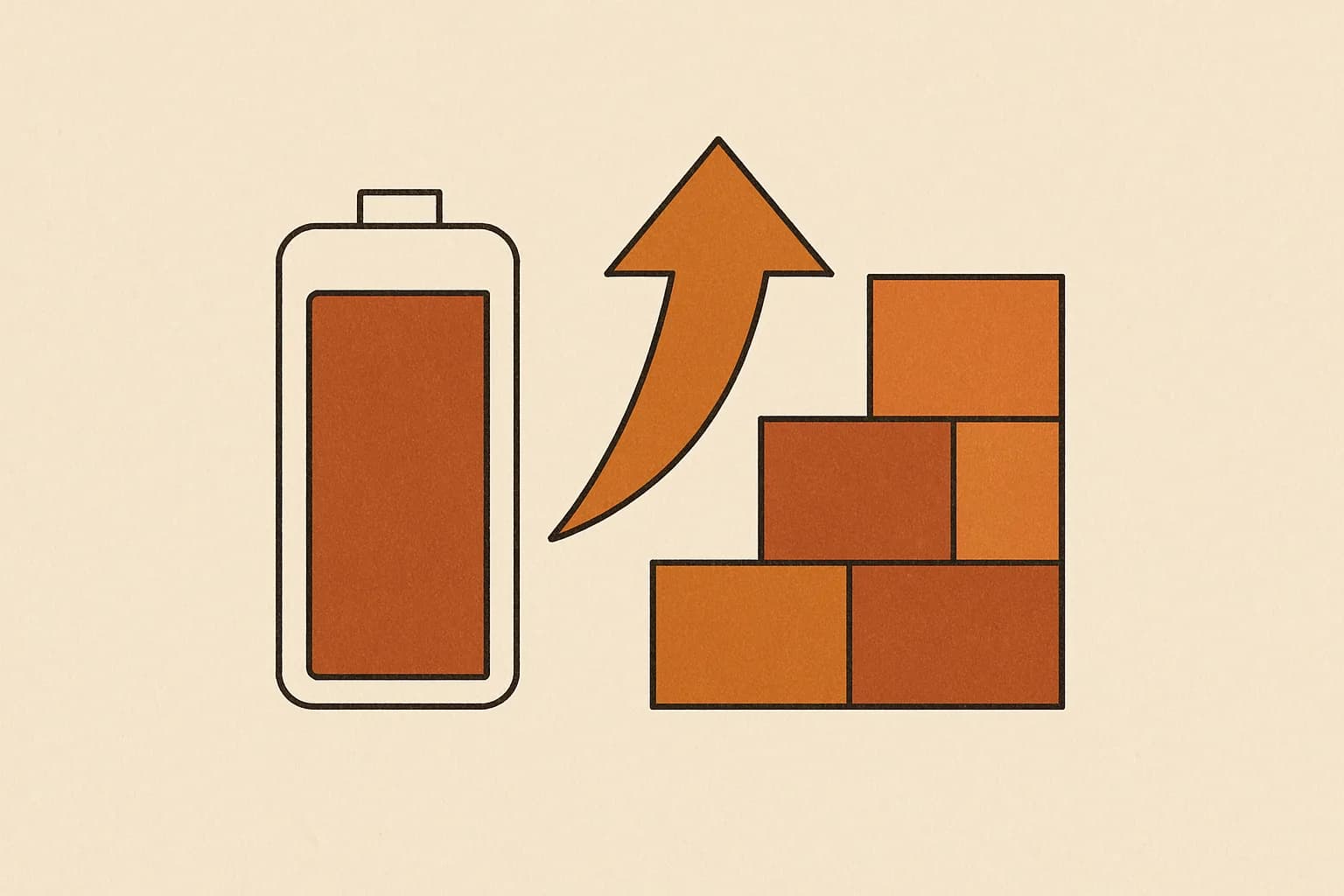 Minimalist geometric illustration of a battery cell, voltage arrow and stacked energy blocks in warm amber tones