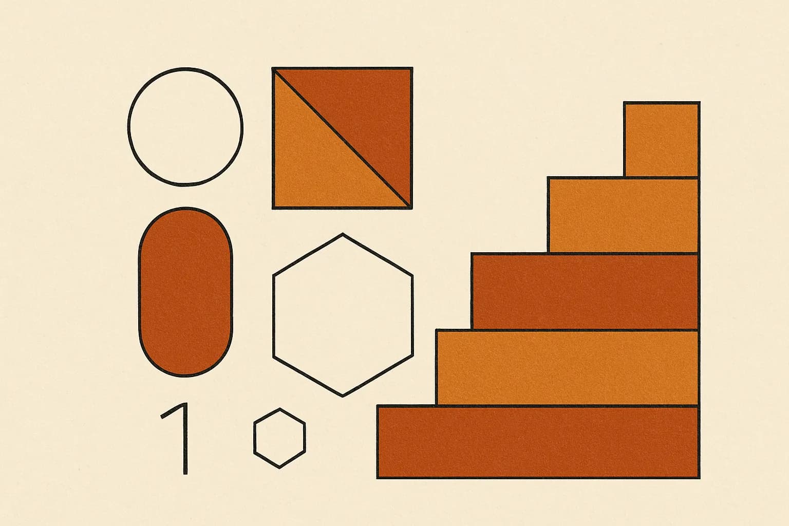 Minimalist geometric illustration of binary ones and zeros, hexadecimal digits and doubling place-value blocks in warm amber tones