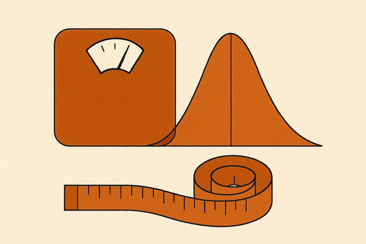 Minimalist geometric illustration of a bathroom scale, measuring tape and bell curve in warm amber tones
