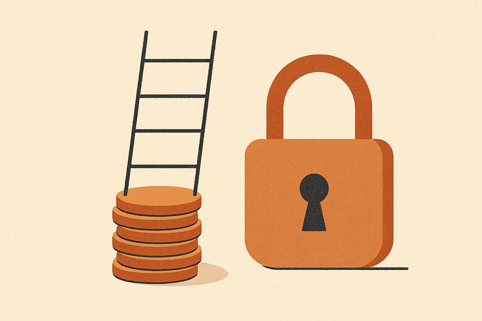 Minimalist geometric illustration of a five-rung ladder built from stacked coins beside a padlock in warm amber tones