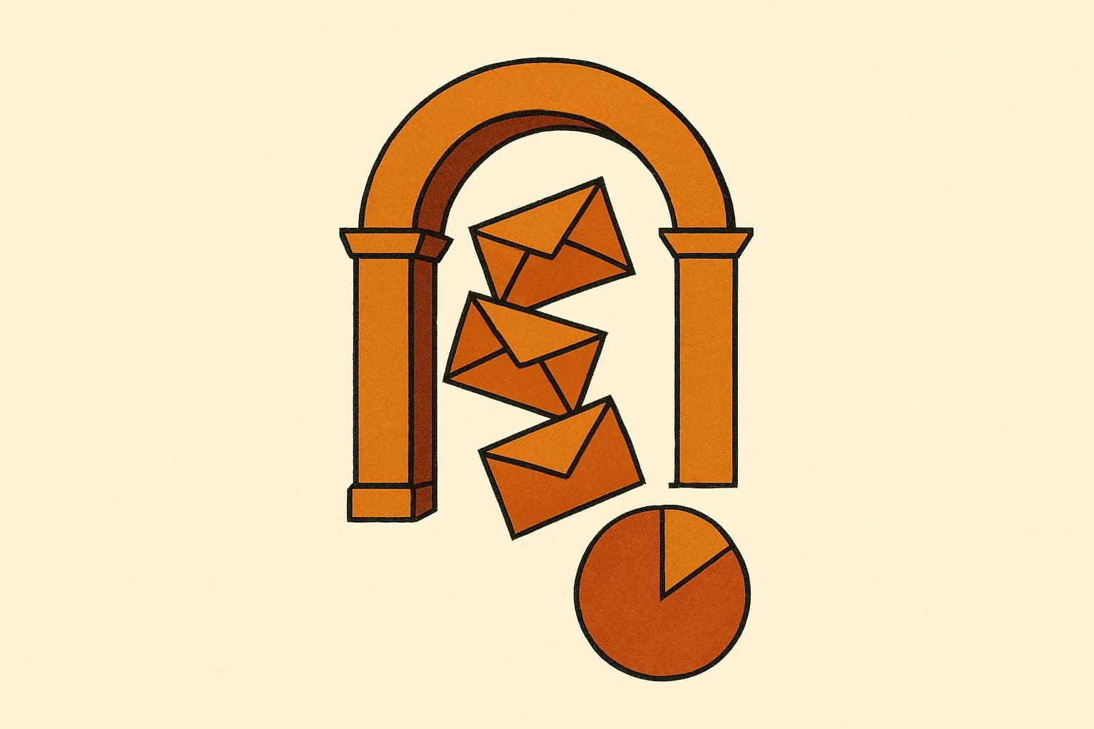 Minimalist geometric illustration of a campus archway, funneling application envelopes and a percentage dial in warm amber tones