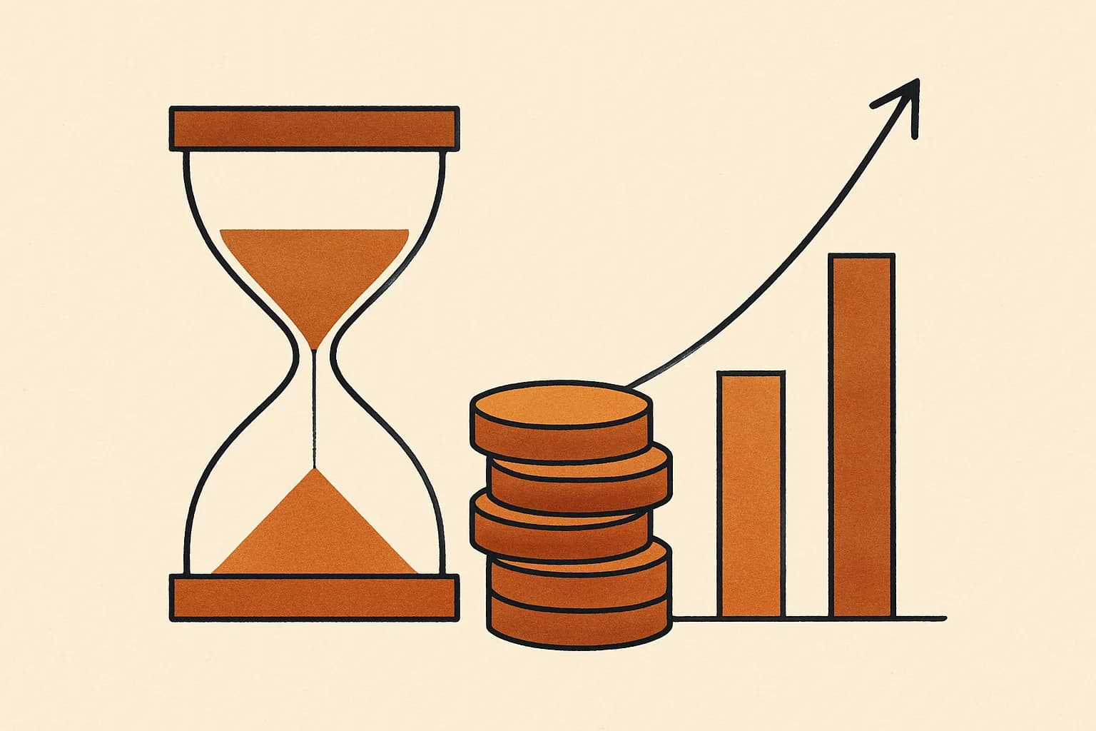 Minimalist geometric illustration of an hourglass, stacked coins and a steepening growth curve in warm amber tones