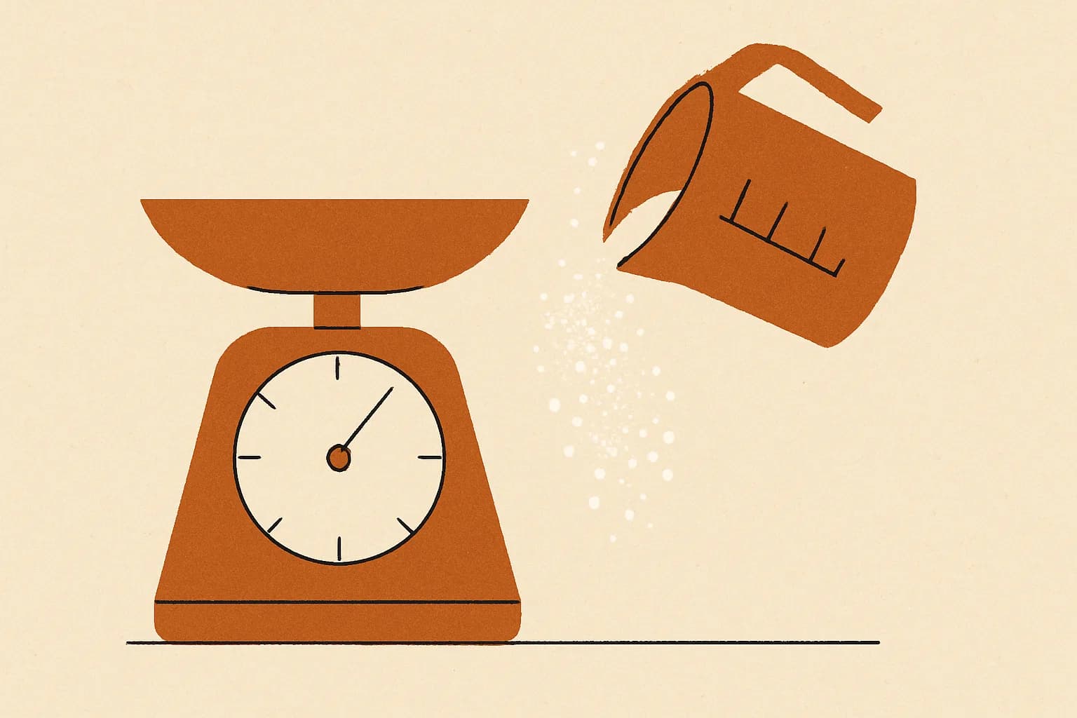 Minimalist geometric illustration of a kitchen scale, measuring cup and drifting flour in warm amber tones