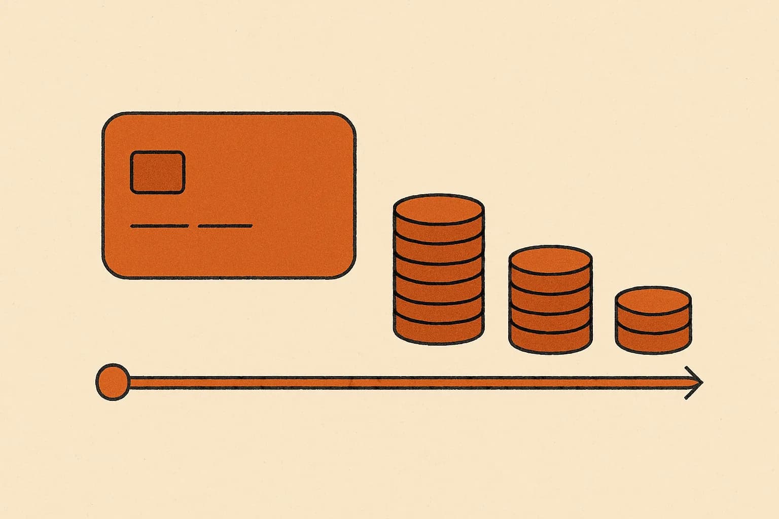 Minimalist geometric illustration of a credit card, shrinking coin stacks and a long stretched timeline in warm amber tones