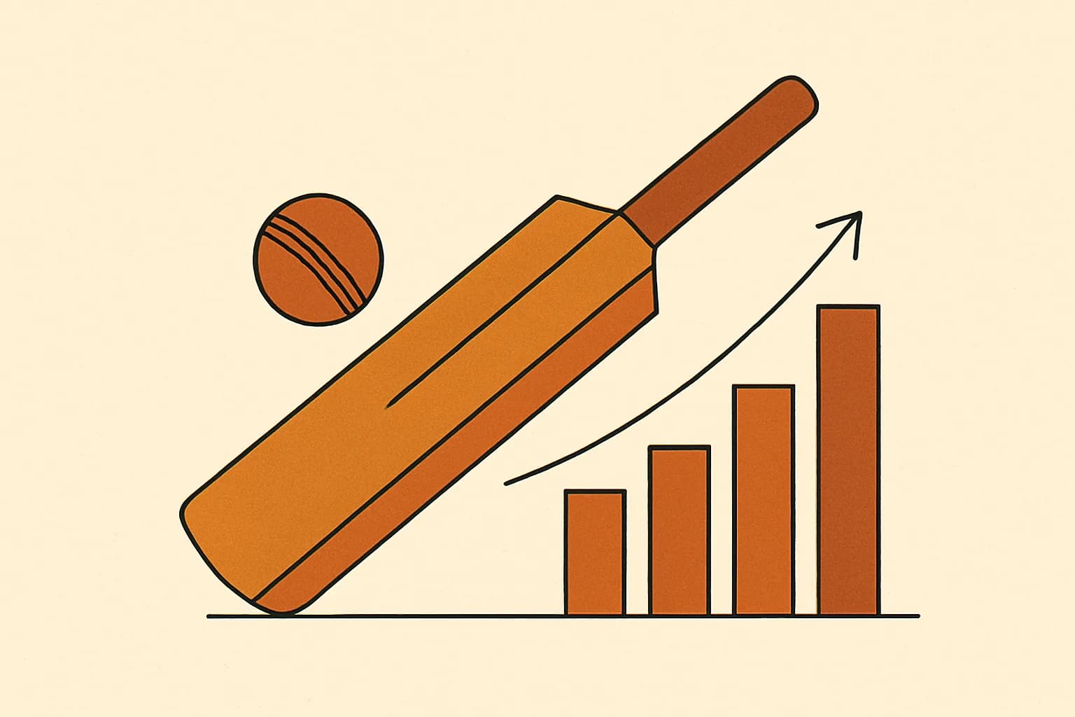 Minimalist geometric illustration of a cricket bat, ball and rising statistics chart in warm amber tones