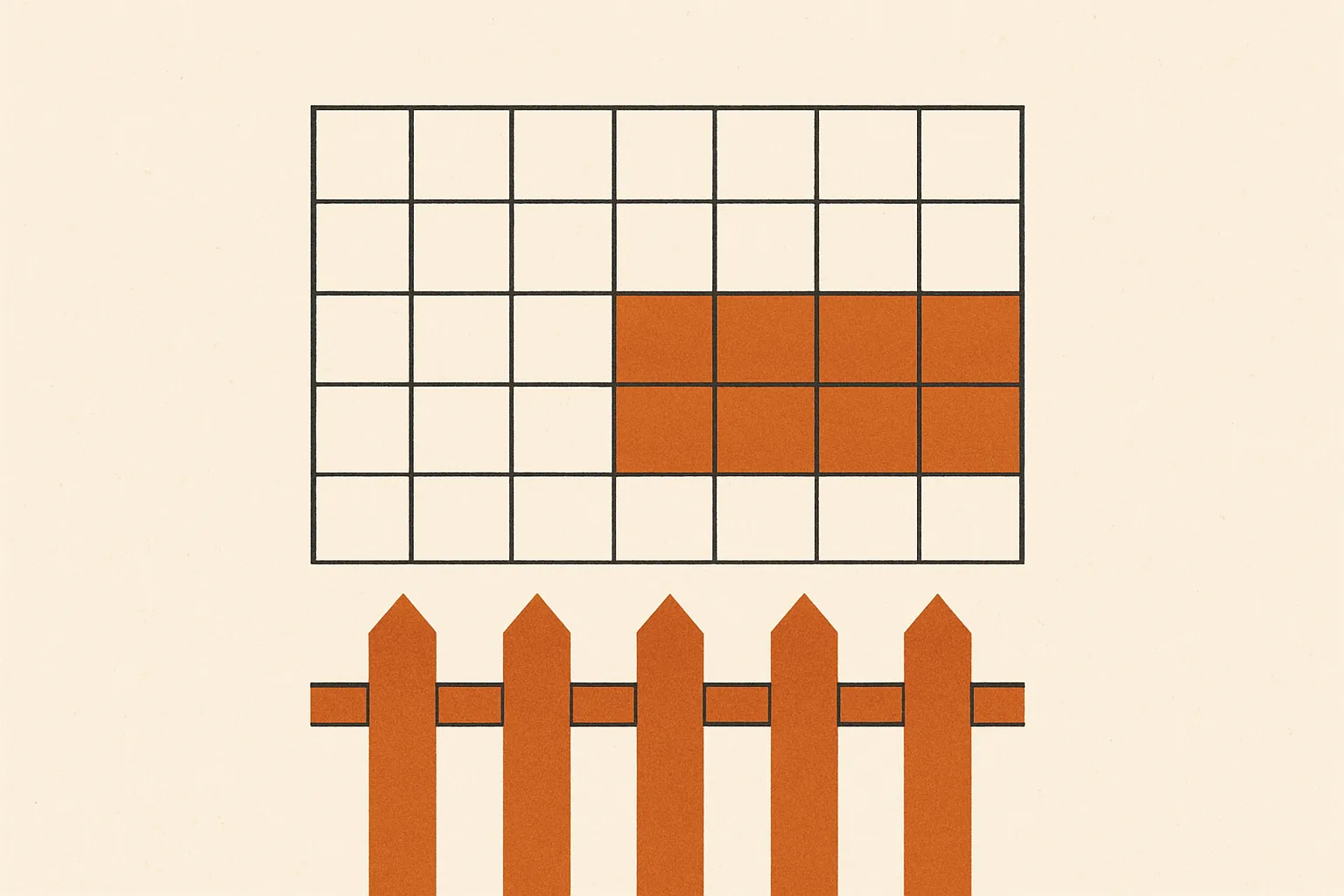 Minimalist geometric illustration of a calendar grid, fence posts and a highlighted date span in warm amber tones