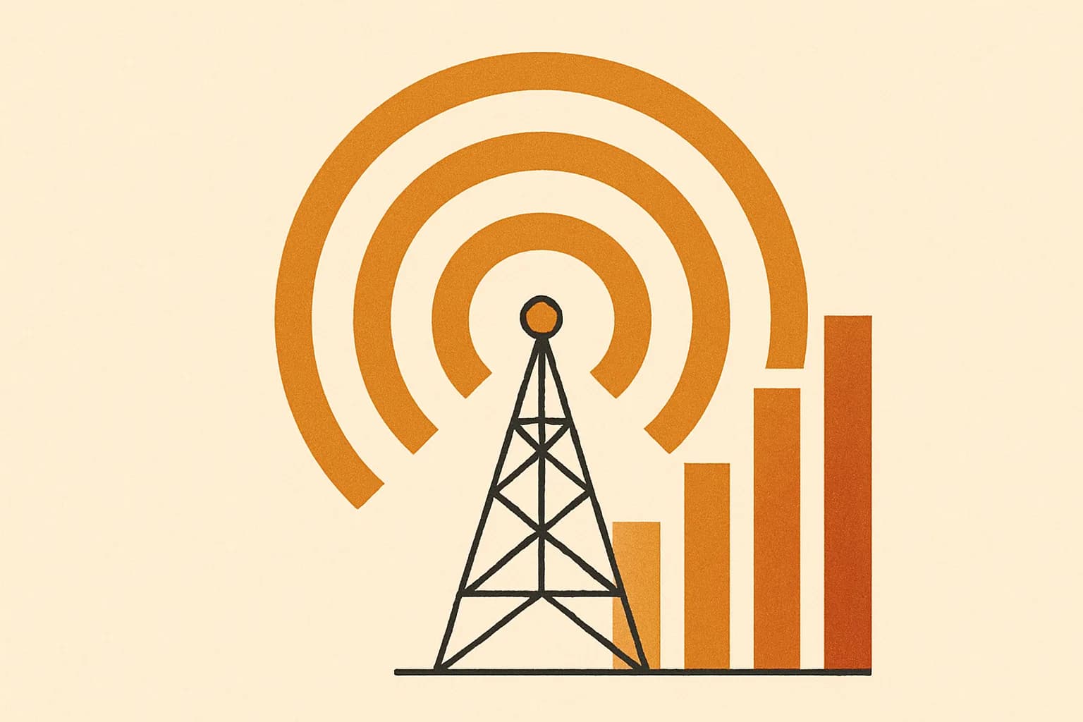Minimalist geometric illustration of a radio mast, concentric signal arcs and ascending logarithmic bars in warm amber tones