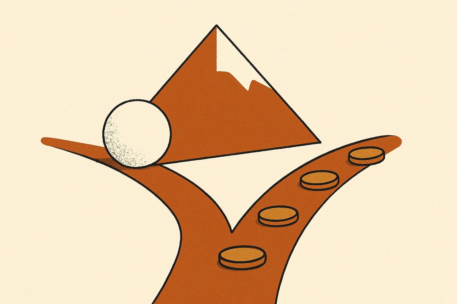 Minimalist geometric illustration of a mountain peak, a rolling snowball and two diverging coin paths in warm amber tones