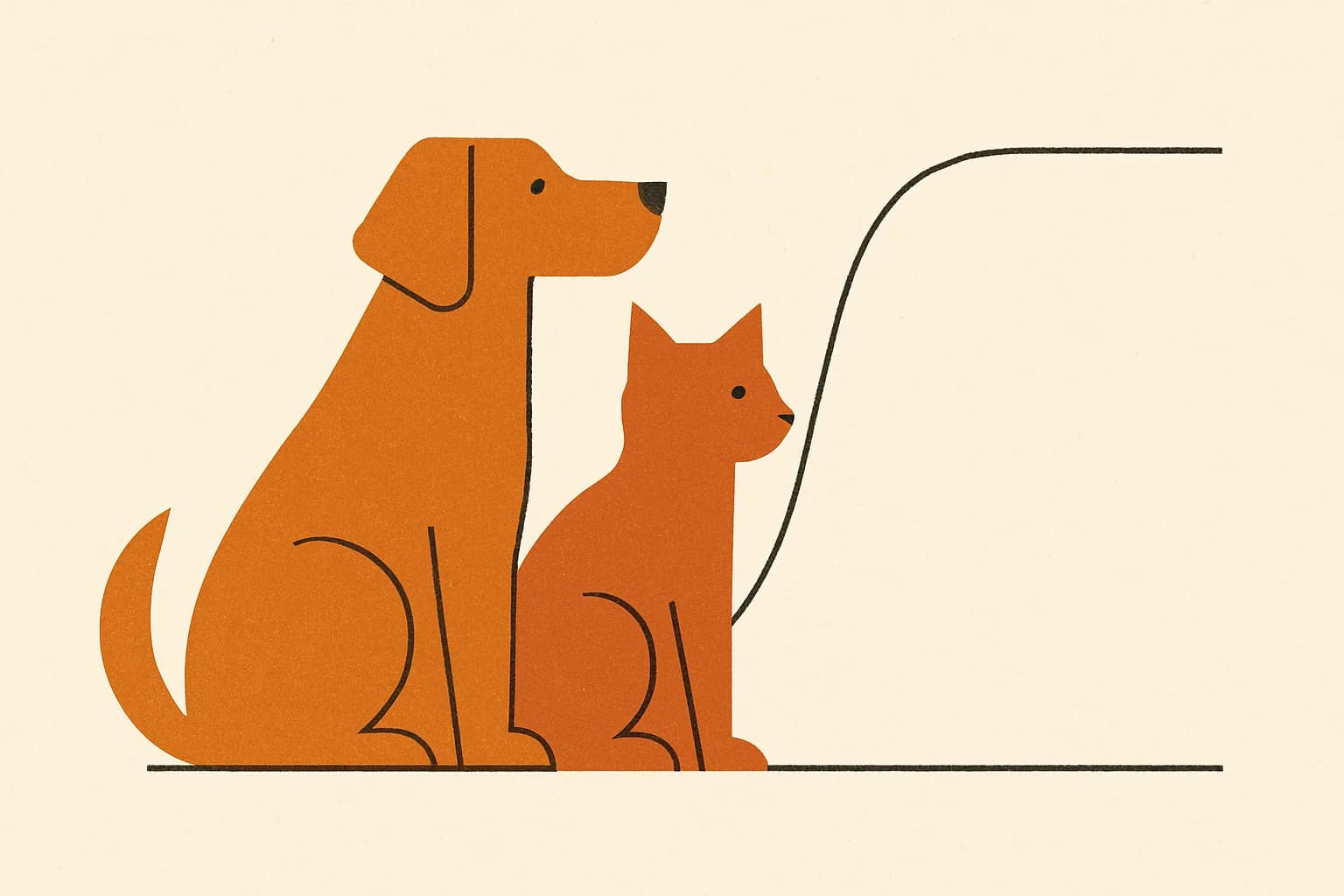 Minimalist geometric illustration of a dog and cat beside a steeply rising then flattening age curve in warm amber tones