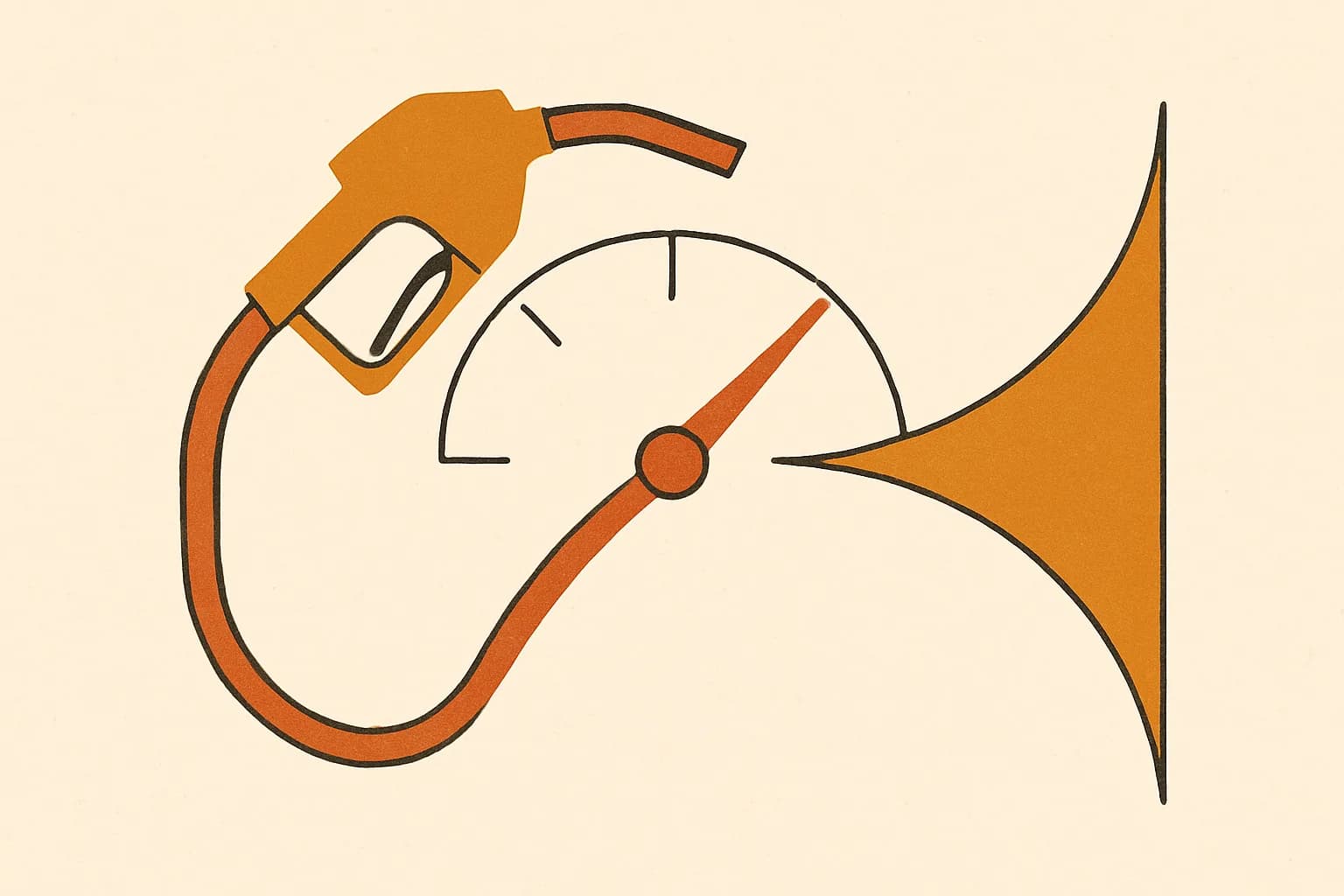Minimalist geometric illustration of a fuel pump nozzle, gauge needle and two mirrored hyperbola curves in warm amber tones