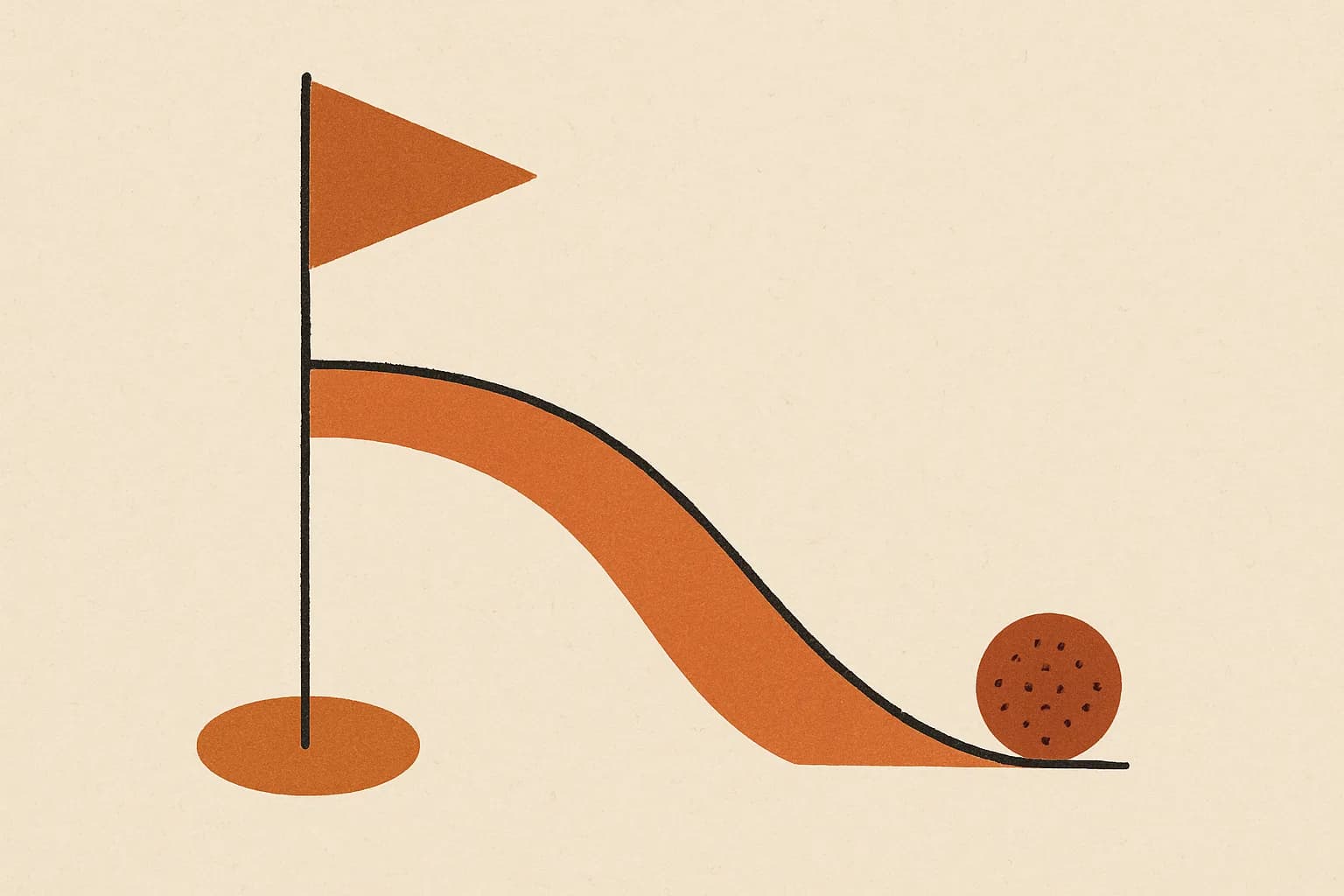 Minimalist geometric illustration of a golf flag, ball and descending score curve in warm amber tones