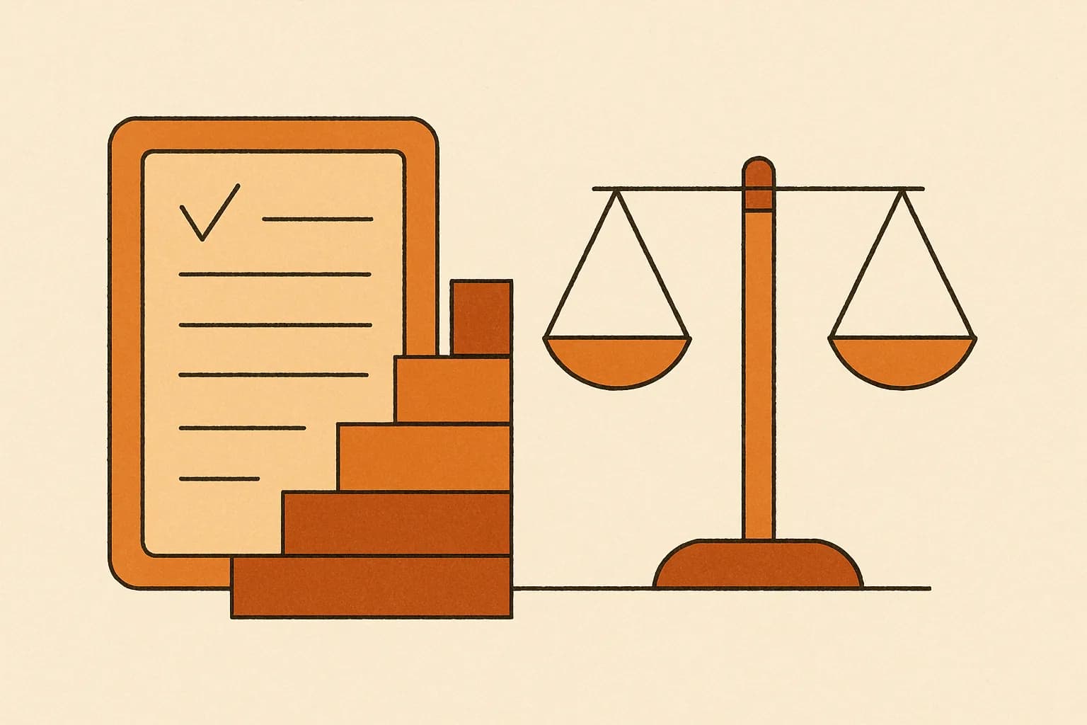 Minimalist geometric illustration of a report card, stacked grade bars and a balance scale in warm amber tones