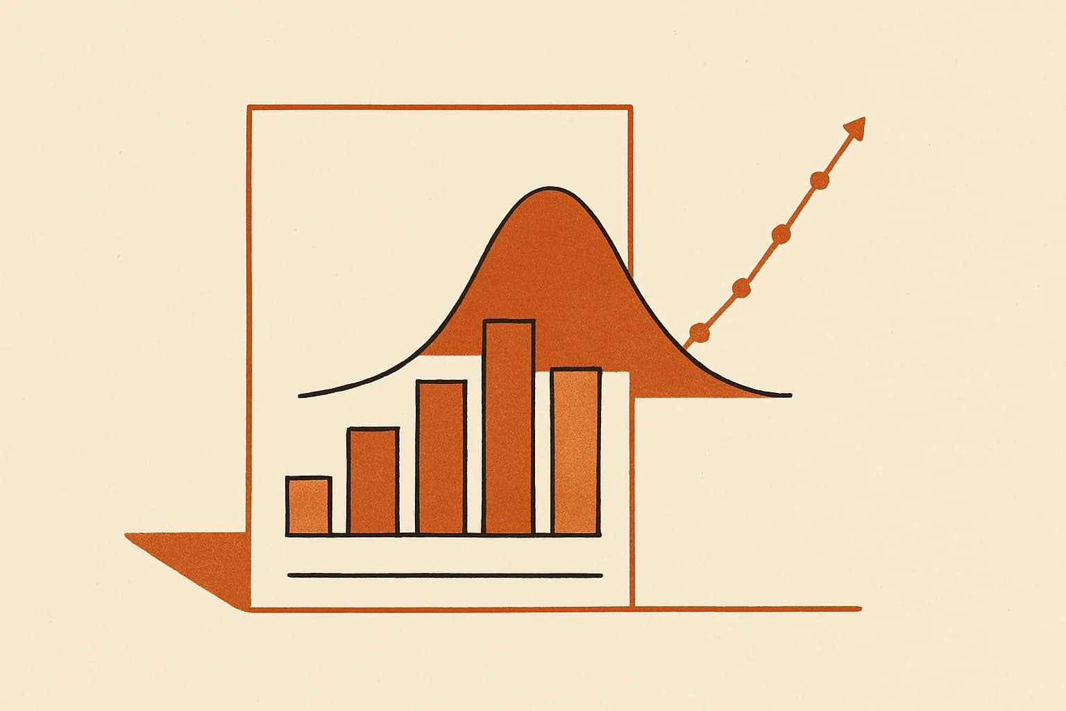 Minimalist geometric illustration of a score report, bell curve and ascending percentile markers in warm amber tones