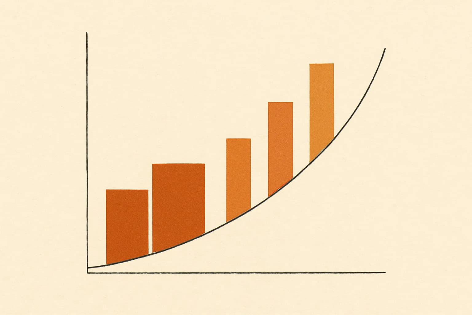 Minimalist geometric illustration of shrinking reciprocal bars climbing a slow logarithmic curve in warm amber tones