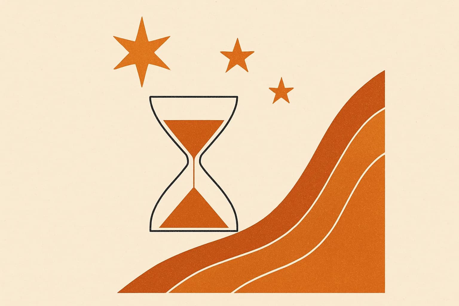 Minimalist geometric illustration of stars of graduated sizes, an hourglass and steeply falling curves in warm amber tones
