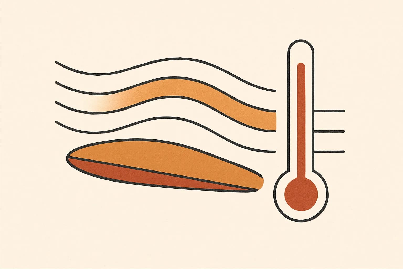Minimalist geometric illustration of layered airflow streamlines over an airfoil with a thermometer motif in warm amber tones