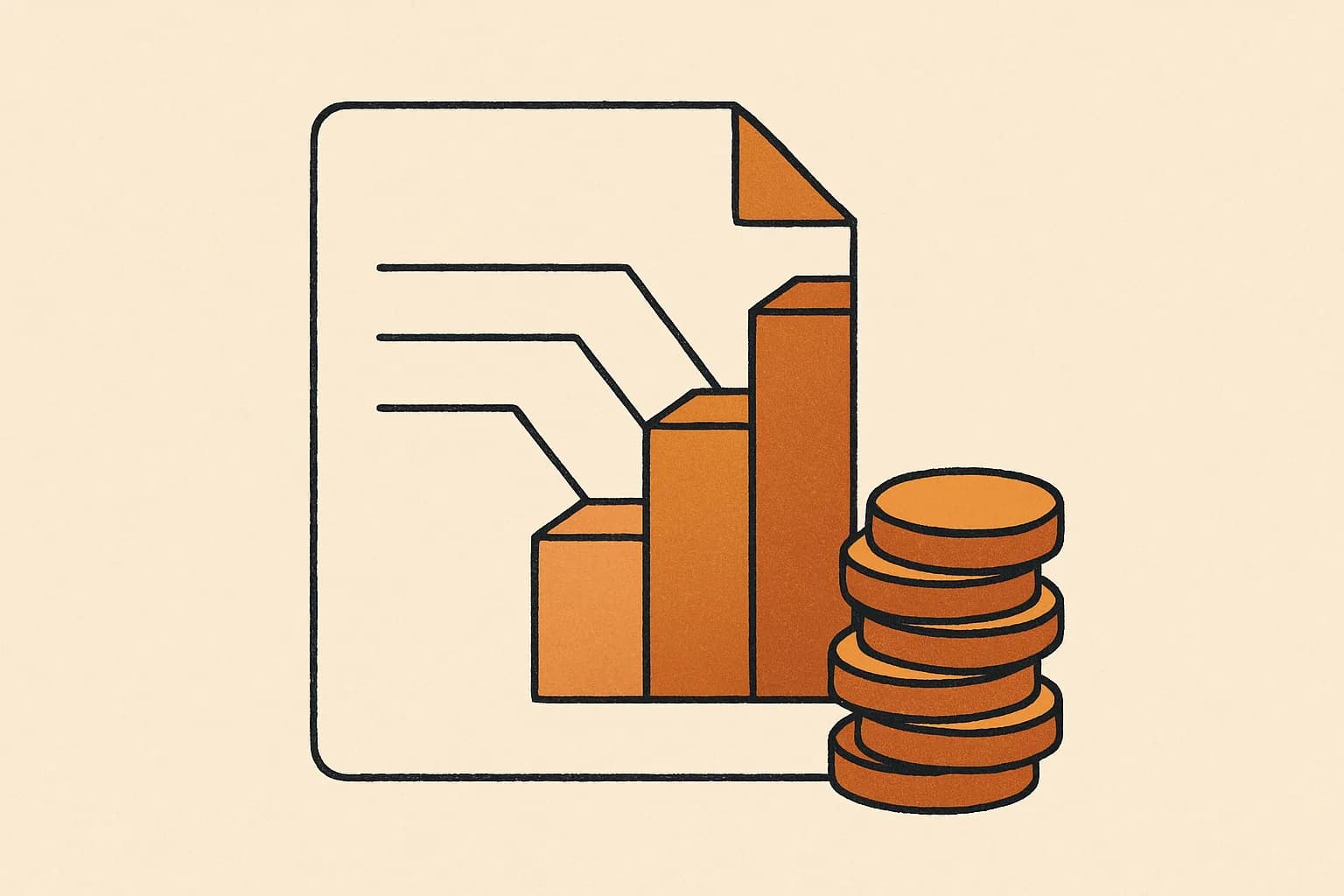 Minimalist geometric illustration of a payslip dividing into ascending stepped tax bands beside stacked coins in warm amber tones