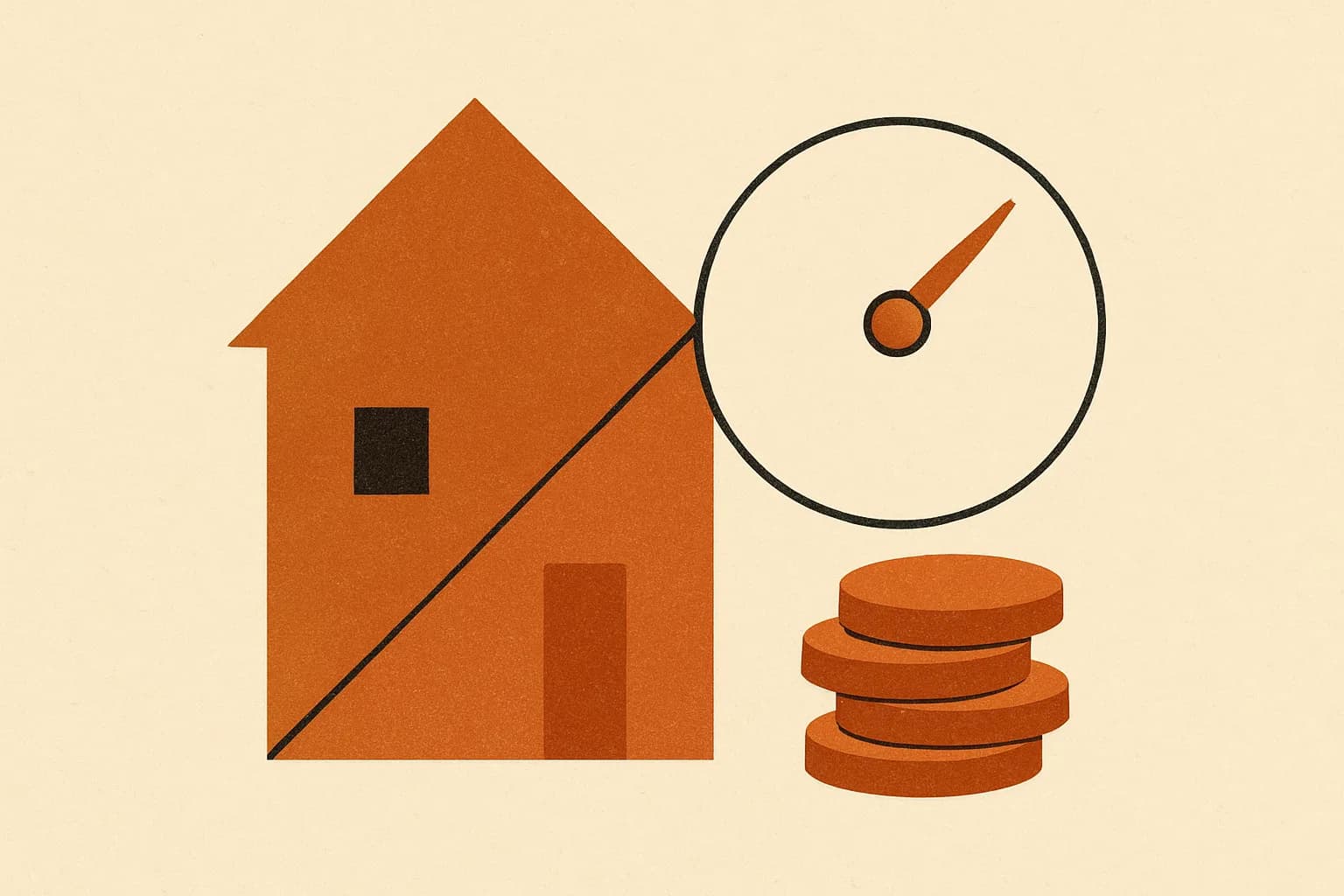 Minimalist geometric illustration of a house split by a diagonal ratio line with a percentage dial and stacked coins in warm amber tones