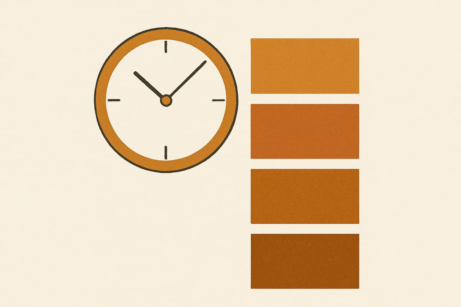 Minimalist geometric illustration of a 24-hour clock face and stacked four-digit time groups in warm amber tones