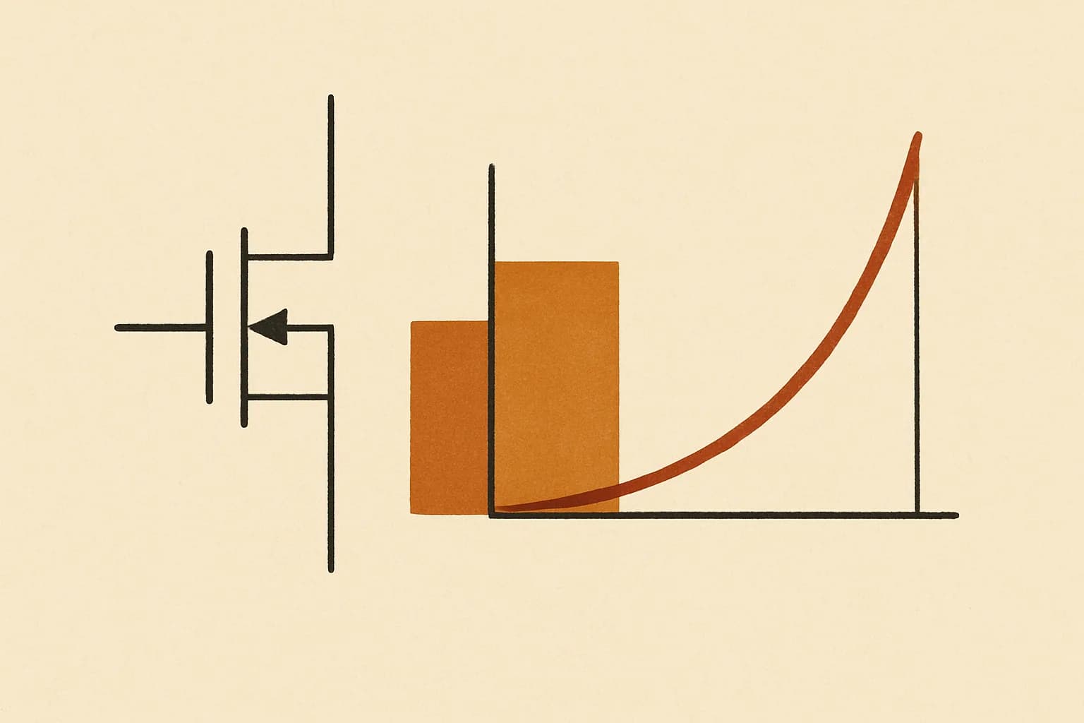 Minimalist geometric illustration of a MOSFET symbol, gate voltage ramp and square-law current curve in warm amber tones