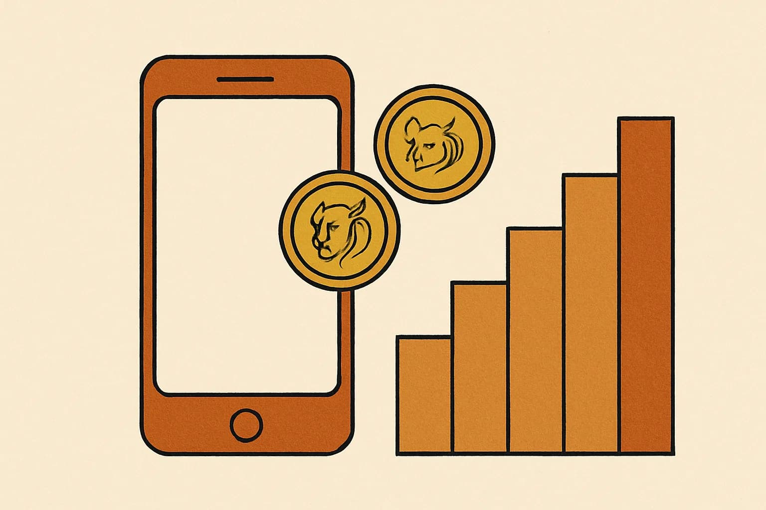 Minimalist geometric illustration of a mobile phone, Kenyan shilling coins and ascending stepped fee bands in warm amber tones