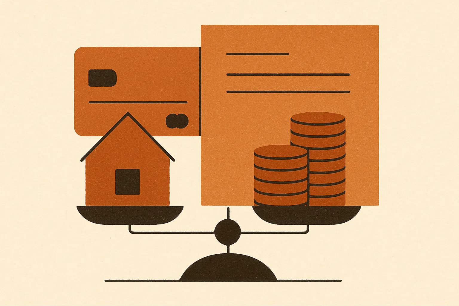 Minimalist geometric illustration of a balance scale weighing a house and coin stacks against a credit card and loan document in warm amber tones