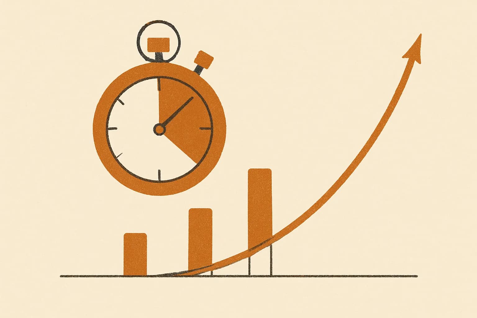 Minimalist geometric illustration of a stopwatch, road distance markers and a rising exponent curve in warm amber tones