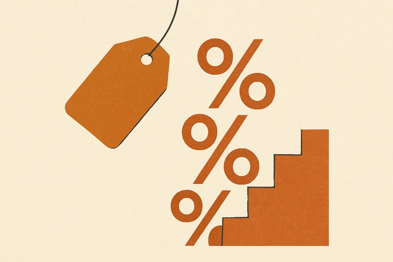 Minimalist geometric illustration of a sale tag, stacked percent signs and a shrinking price staircase in warm amber tones