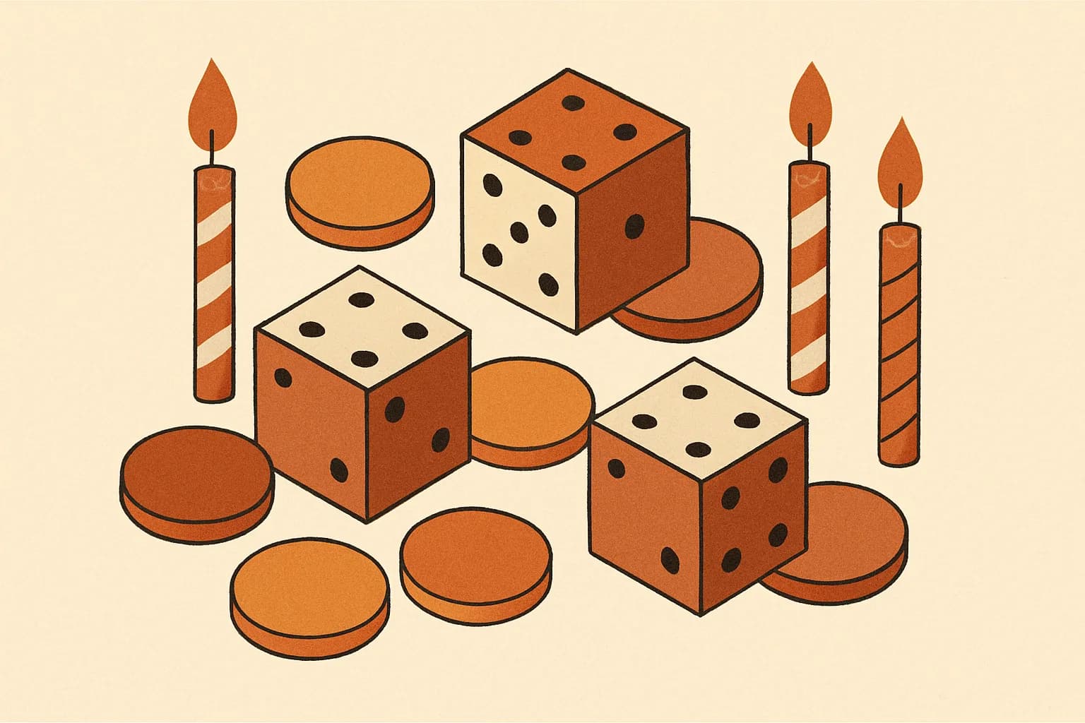 Minimalist geometric illustration of scattered dice, overlapping coins and birthday candles in warm amber tones