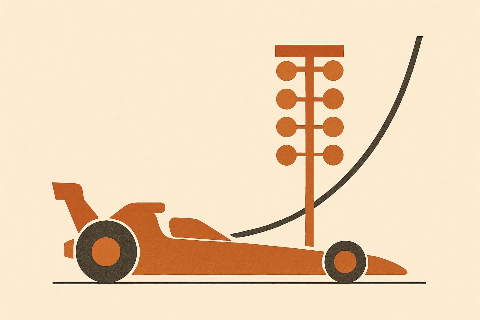 Minimalist geometric illustration of a drag car silhouette, staging-tree lights and a rising cube-root curve in warm amber tones