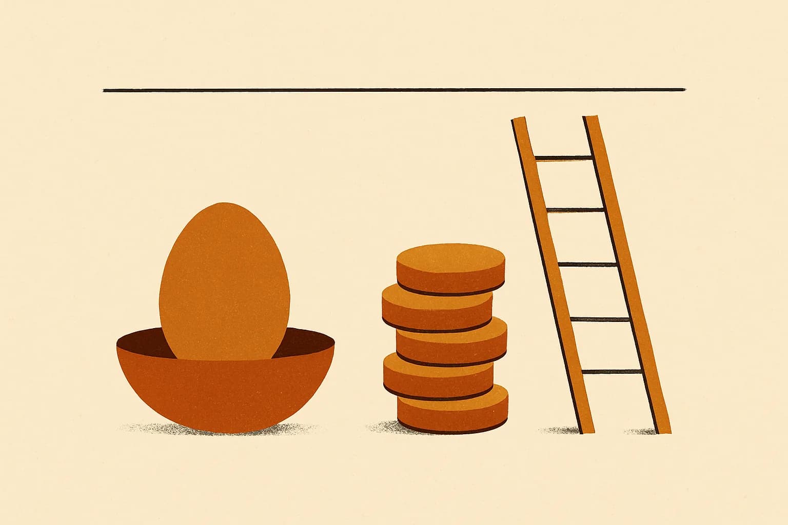 Minimalist geometric illustration of a nest egg, stacked coins and an ascending ladder meeting a ceiling line in warm amber tones