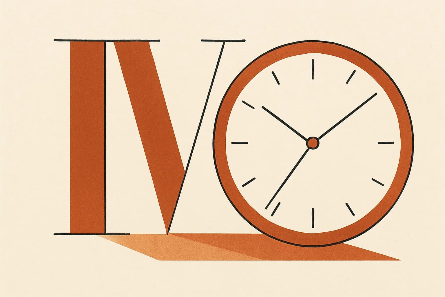 Minimalist geometric illustration of Roman numeral letterforms beside a clock face marked IIII in warm amber tones