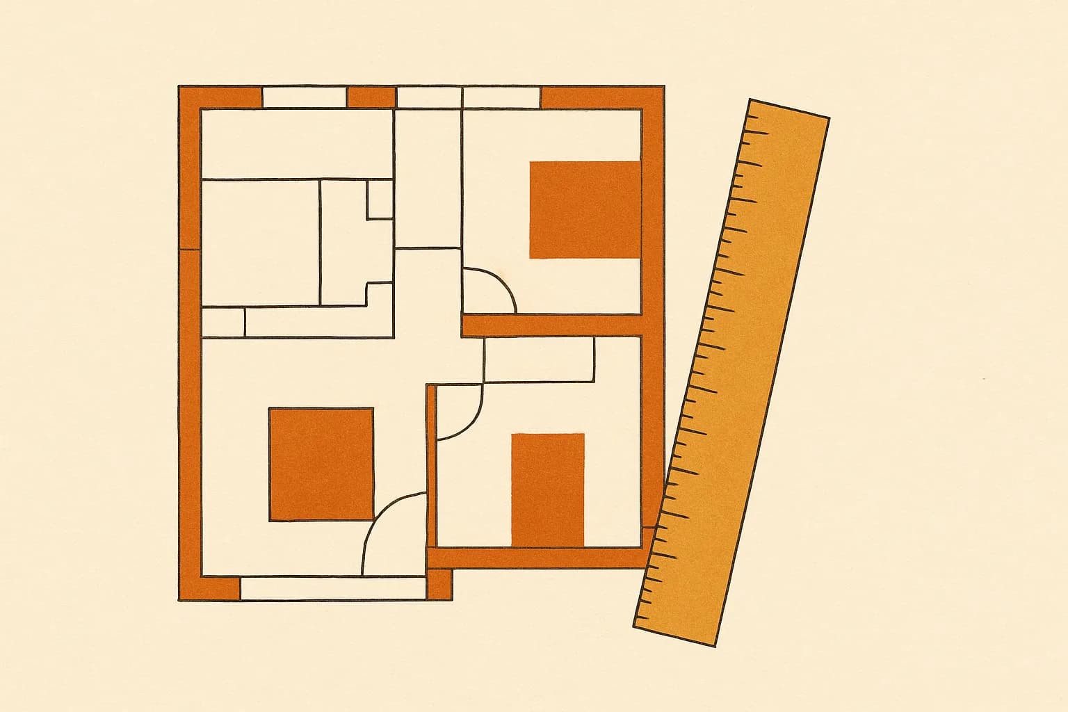 Minimalist geometric illustration of an architectural floor plan, ruler and 1:50 ratio markings in warm amber tones