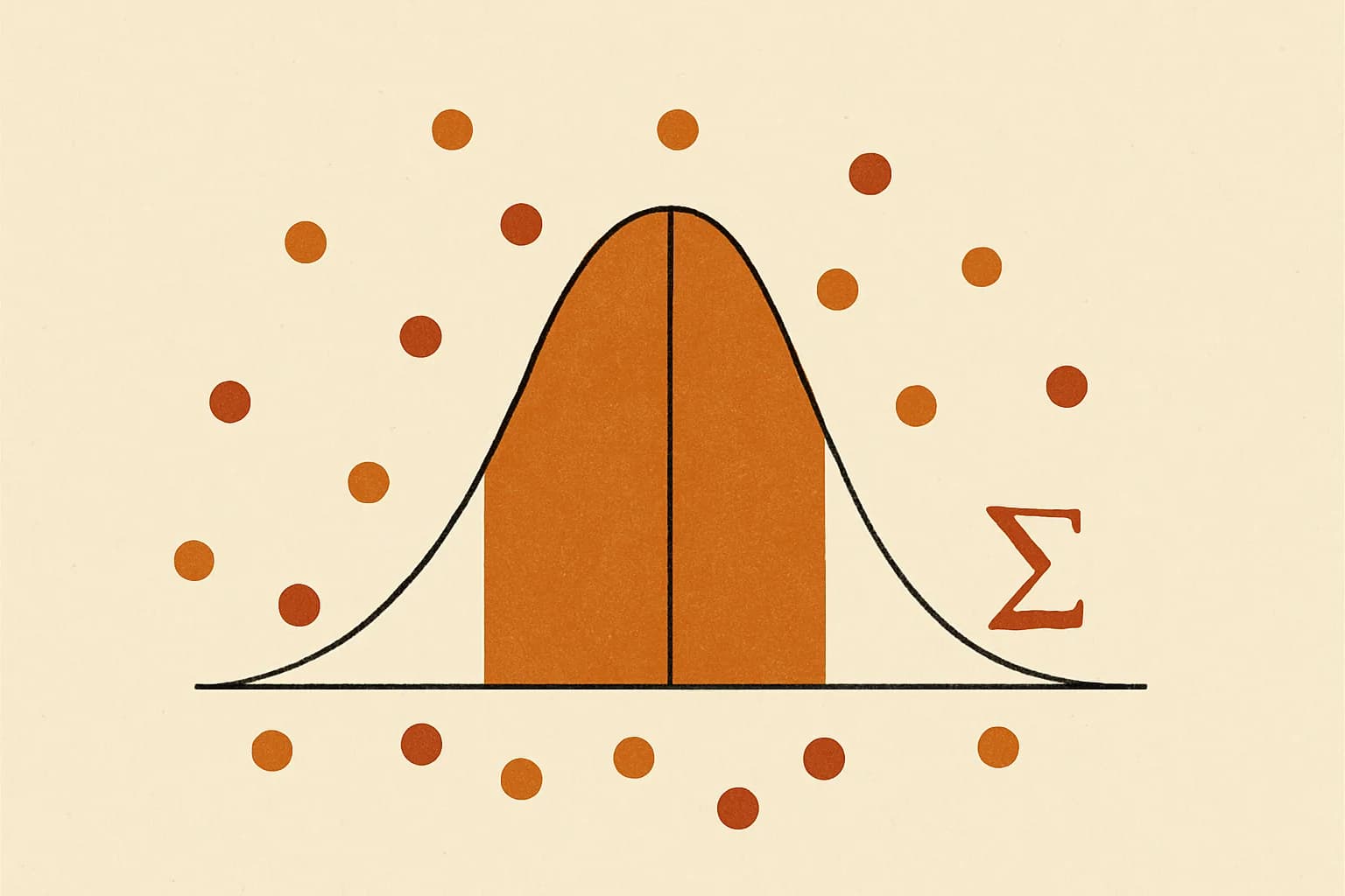 Minimalist geometric illustration of a bell curve, scattered data points and a sigma symbol in warm amber tones