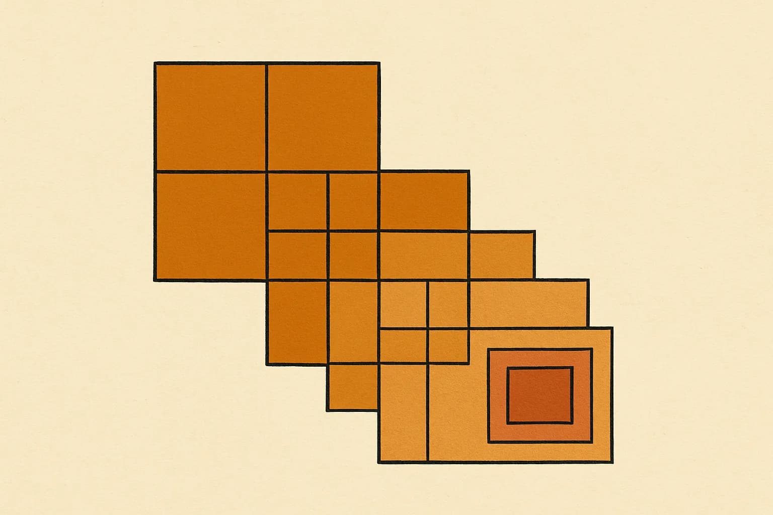 Minimalist geometric illustration of a network address grid splitting into nested subnet blocks with binary digits in warm amber tones