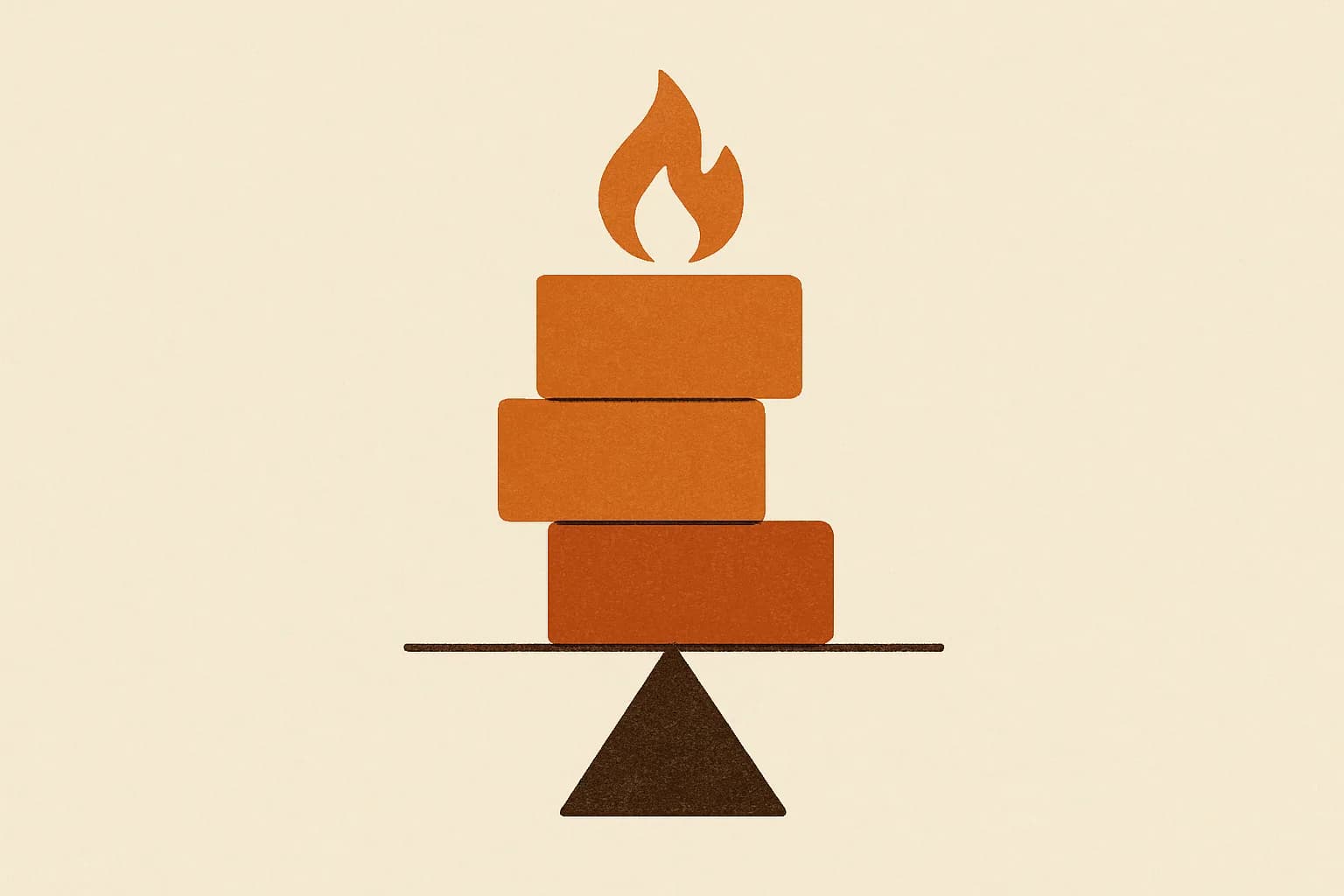 Minimalist geometric illustration of stacked energy blocks, a small flame and a balance beam in warm amber tones