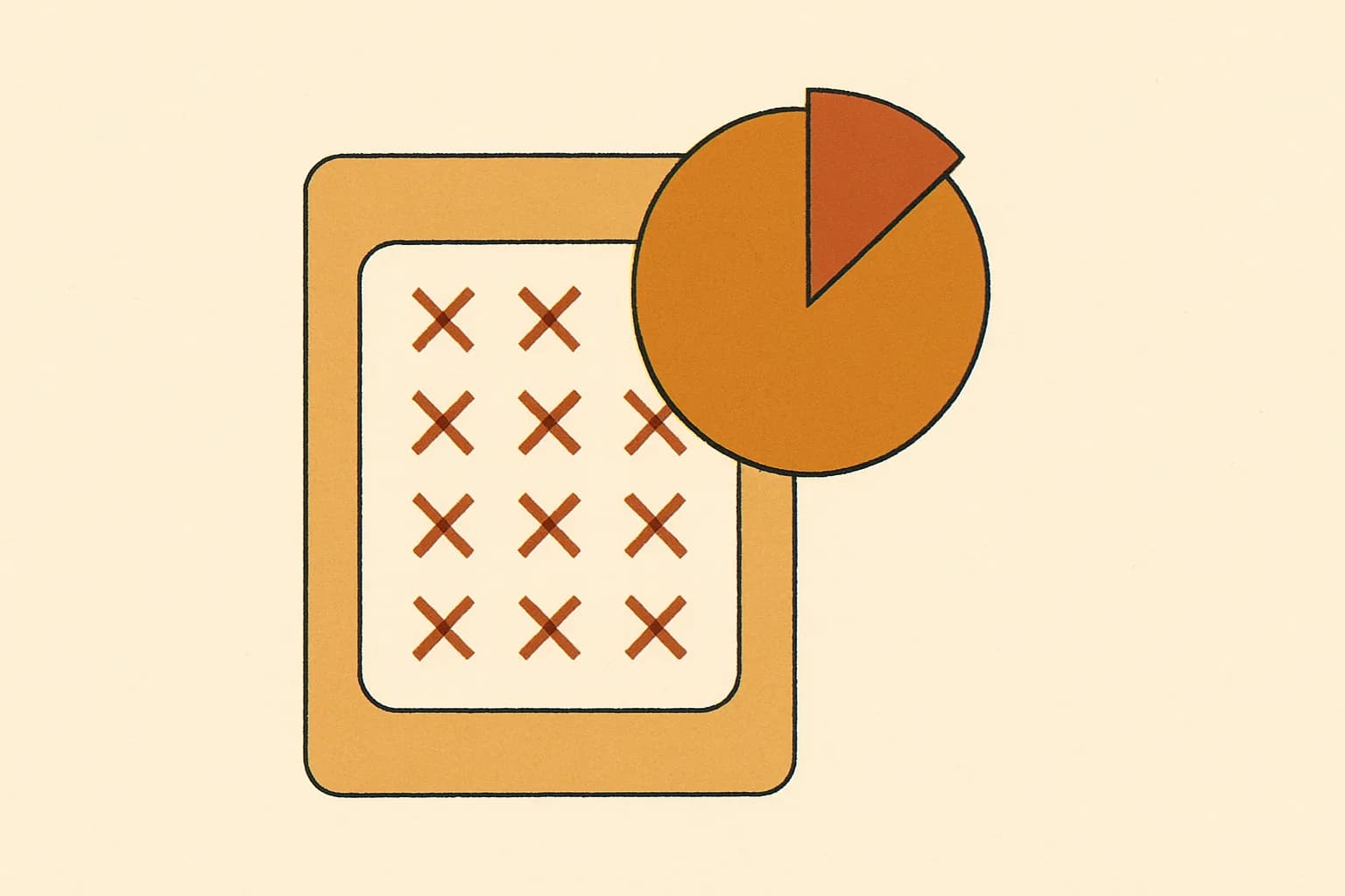 Minimalist geometric illustration of a graded answer sheet with cross marks and a percentage dial in warm amber tones