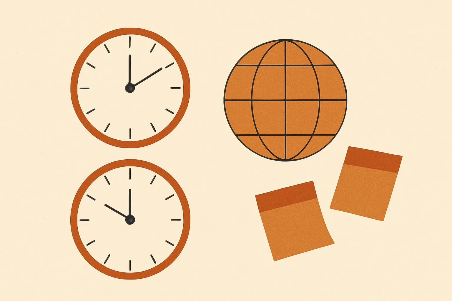 Minimalist geometric illustration of two clock faces an hour apart, a world meridian grid and drifting calendar blocks in warm amber tones
