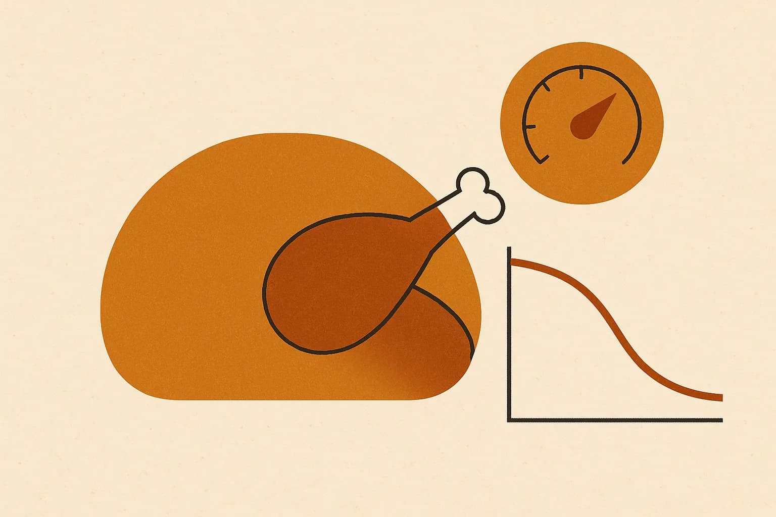 Minimalist geometric illustration of a roast turkey, oven dial and descending time curve in warm amber tones