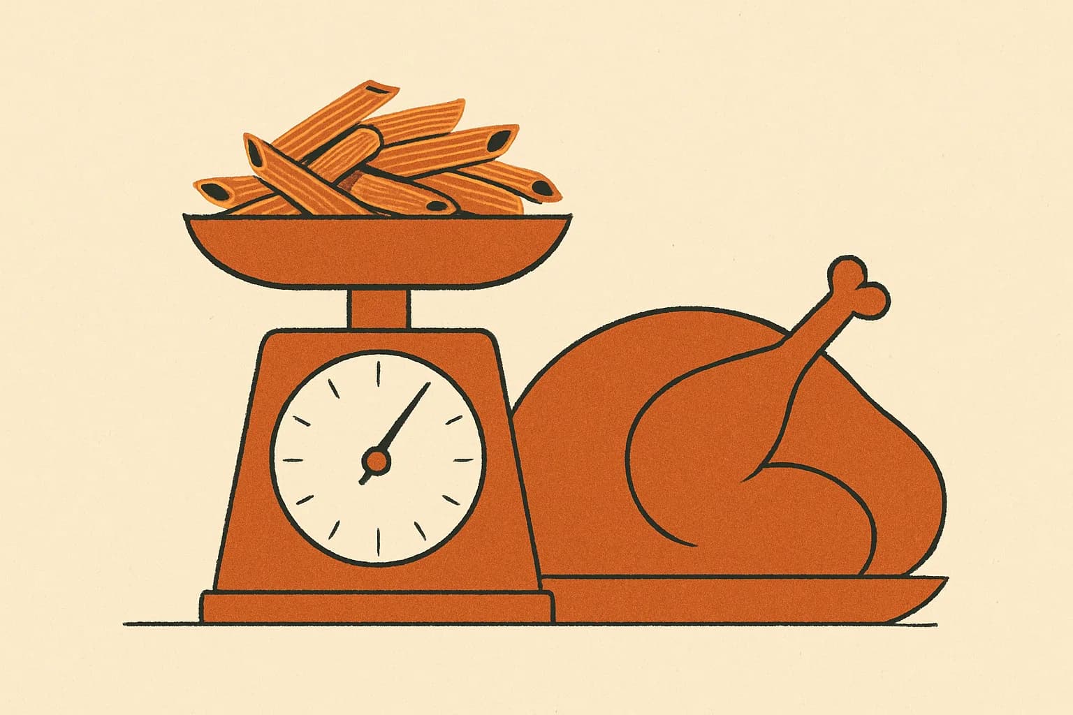 Minimalist geometric illustration of a kitchen scale weighing dry pasta against a roast turkey in warm amber tones