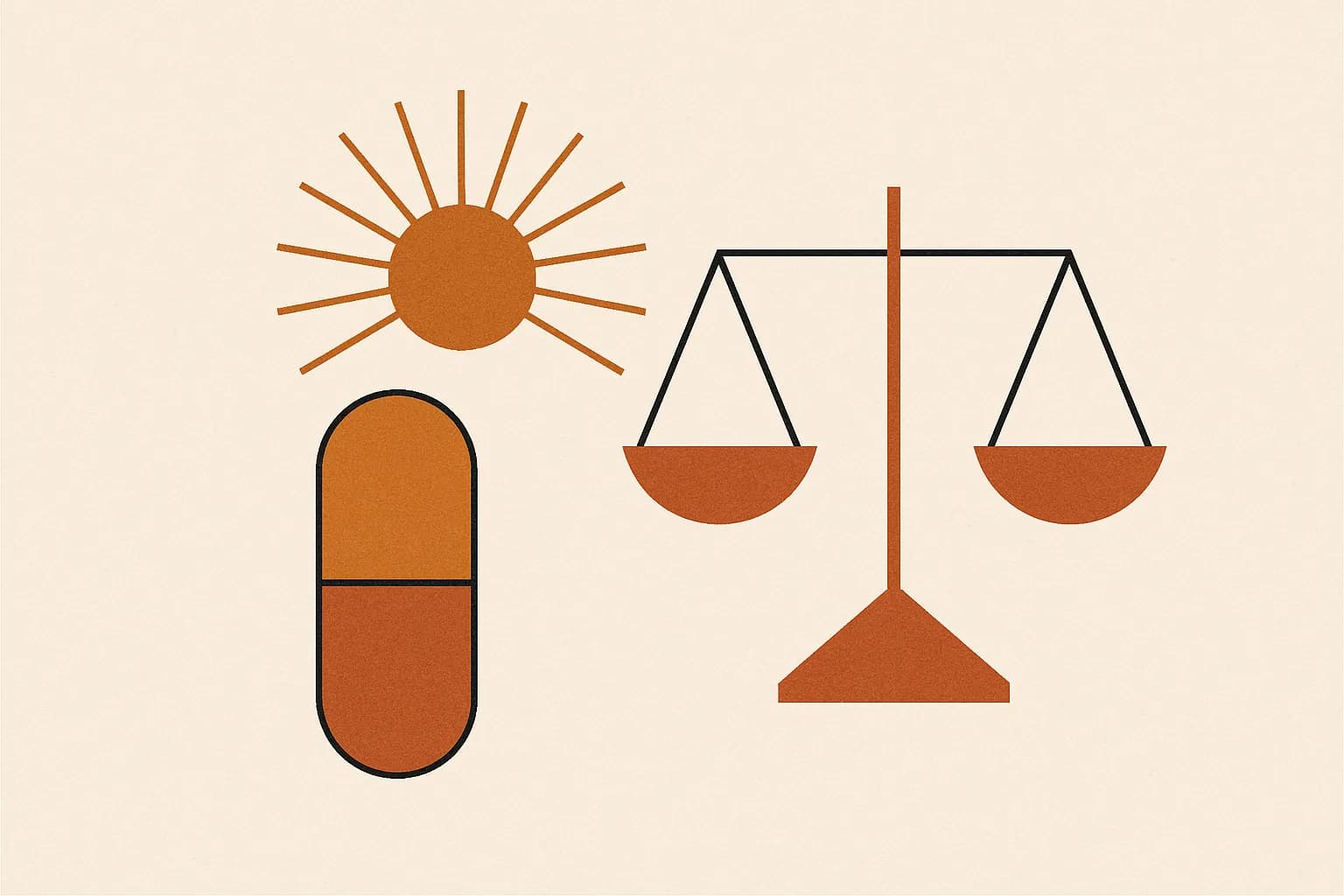 Minimalist geometric illustration of a supplement capsule, a sunburst and paired balance scales in warm amber tones