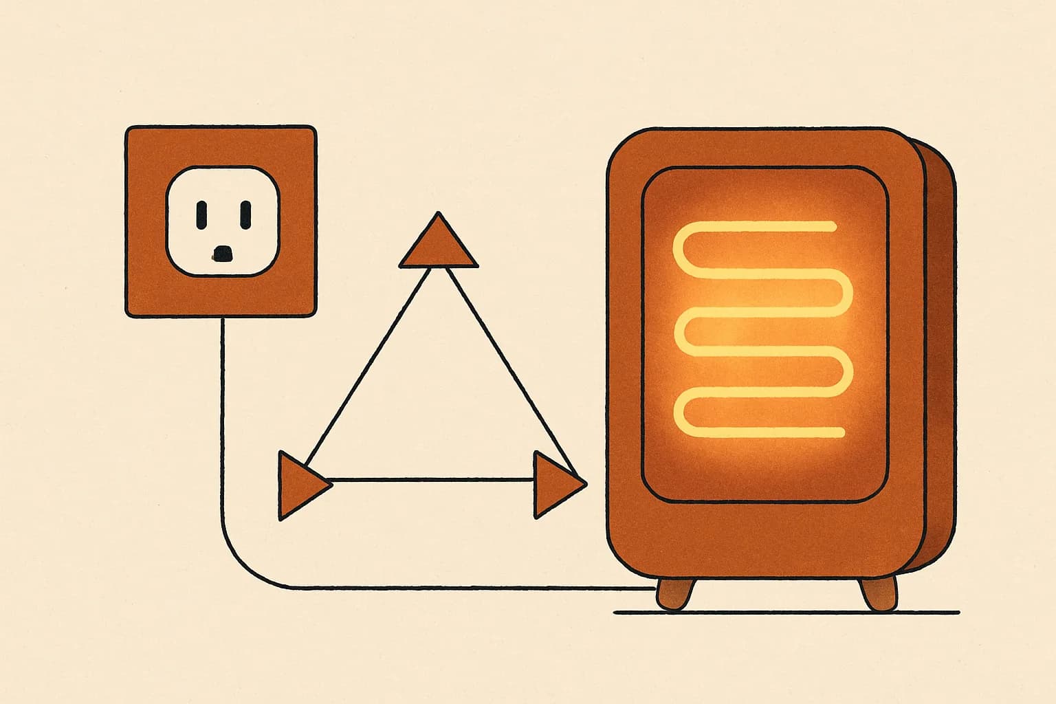 Minimalist geometric illustration of a wall outlet, a triangle of arrows and a glowing heater filament in warm amber tones