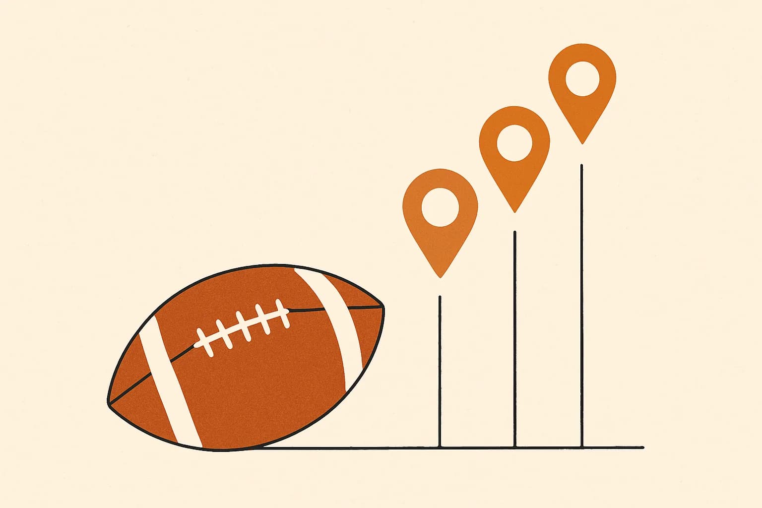 Minimalist geometric illustration of a football and ascending point markers in warm amber tones