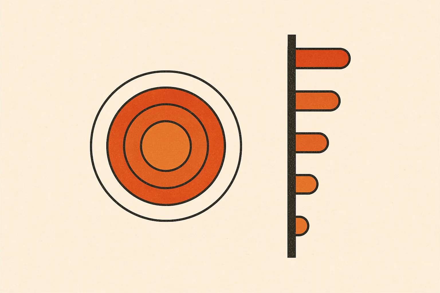 Minimalist geometric illustration of nested wire cross-sections shrinking beside a descending numbered gauge ladder in warm amber tones